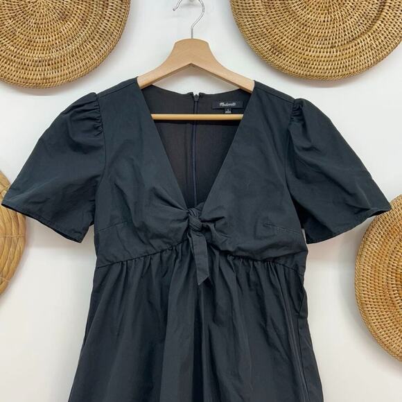 Madewell Neutral Black Preppy Knotted Tie Short Sleeve Mini Dress 2 - Picture 1 of 5